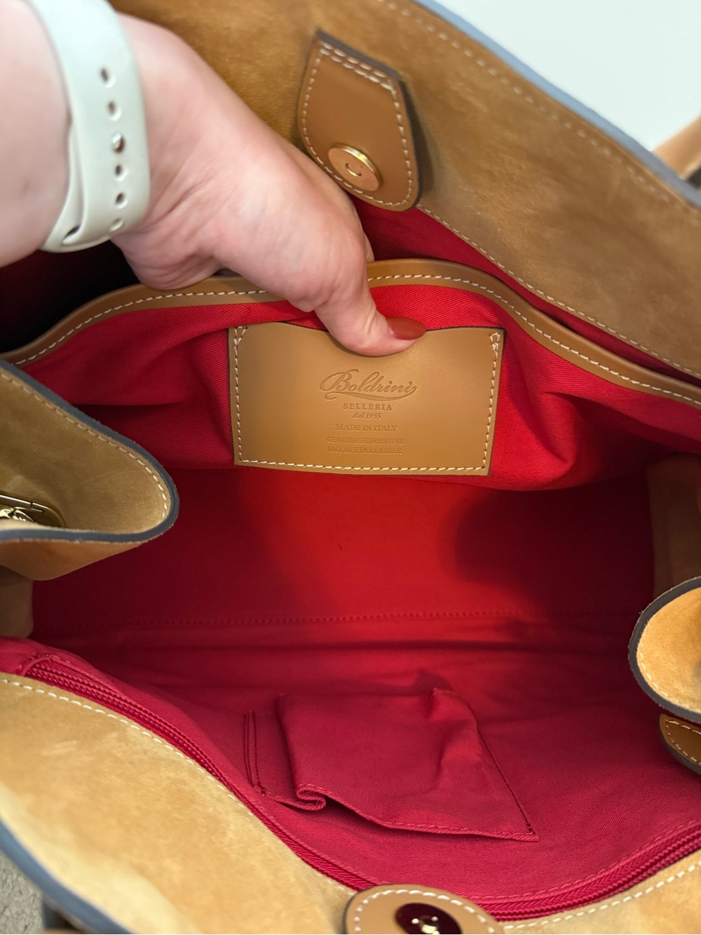 NWT Boldrini Selleria Italian Leather & Suede Satchel Tote Bag in Cognac/Tan - Picture 4 of 7